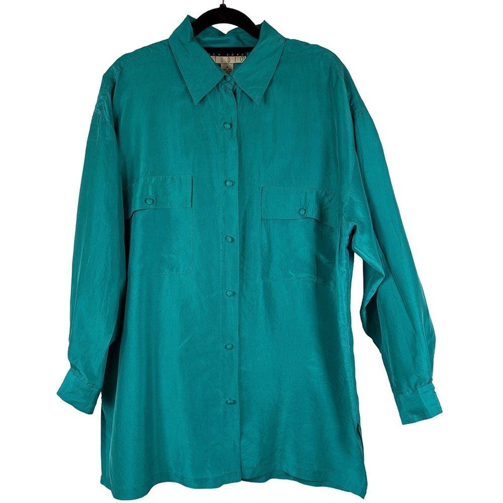 New York Studio Silk Button Up Shirt | Teal Oversized